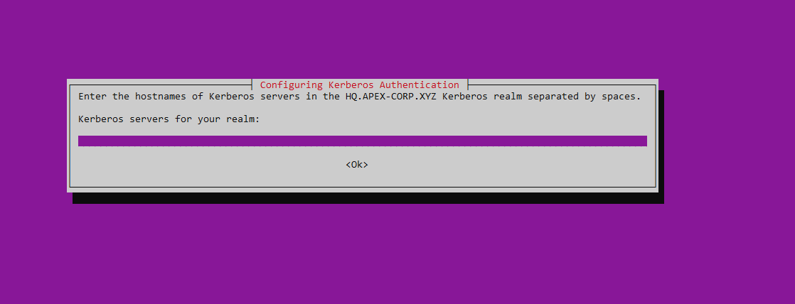 Kerberos configuration dialog asking for the default Kerberos realm with HQ.APEX-CORP.XYZ entered